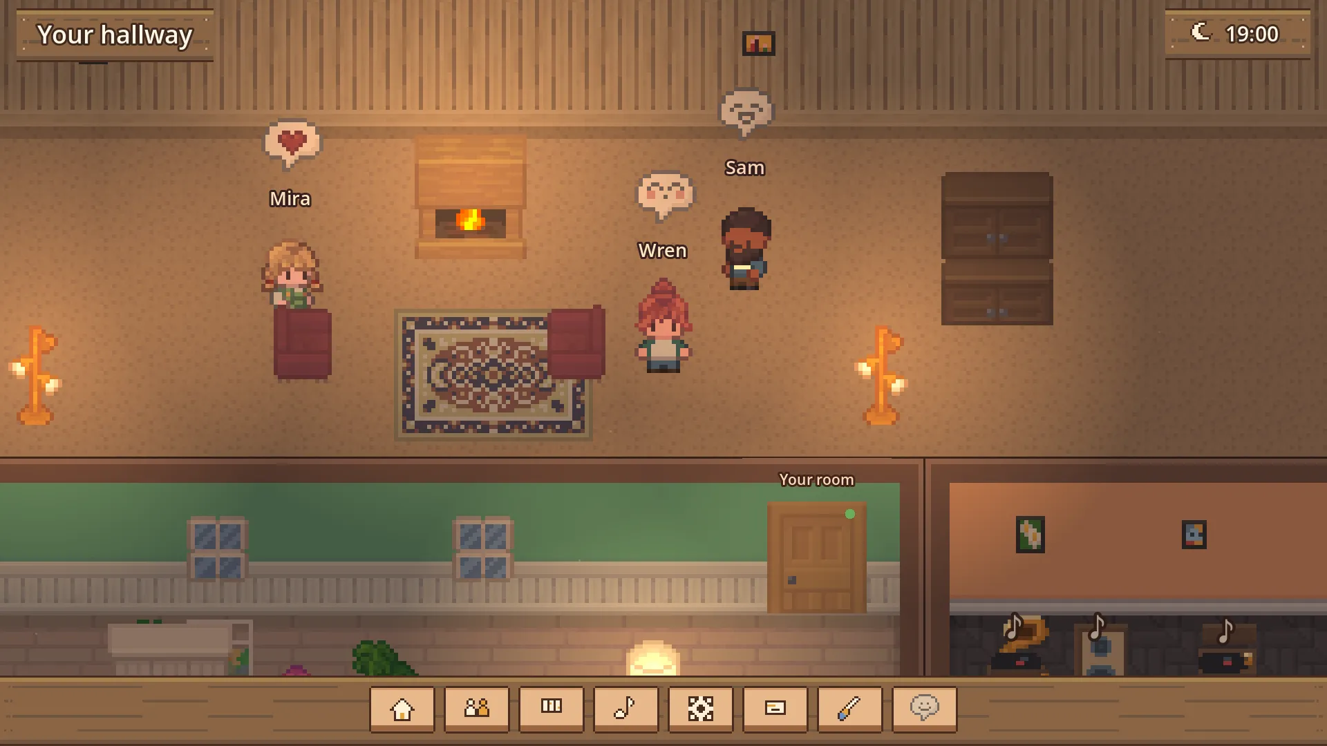 Three friends talking in a warm hallway, with speech bubbles above their heads