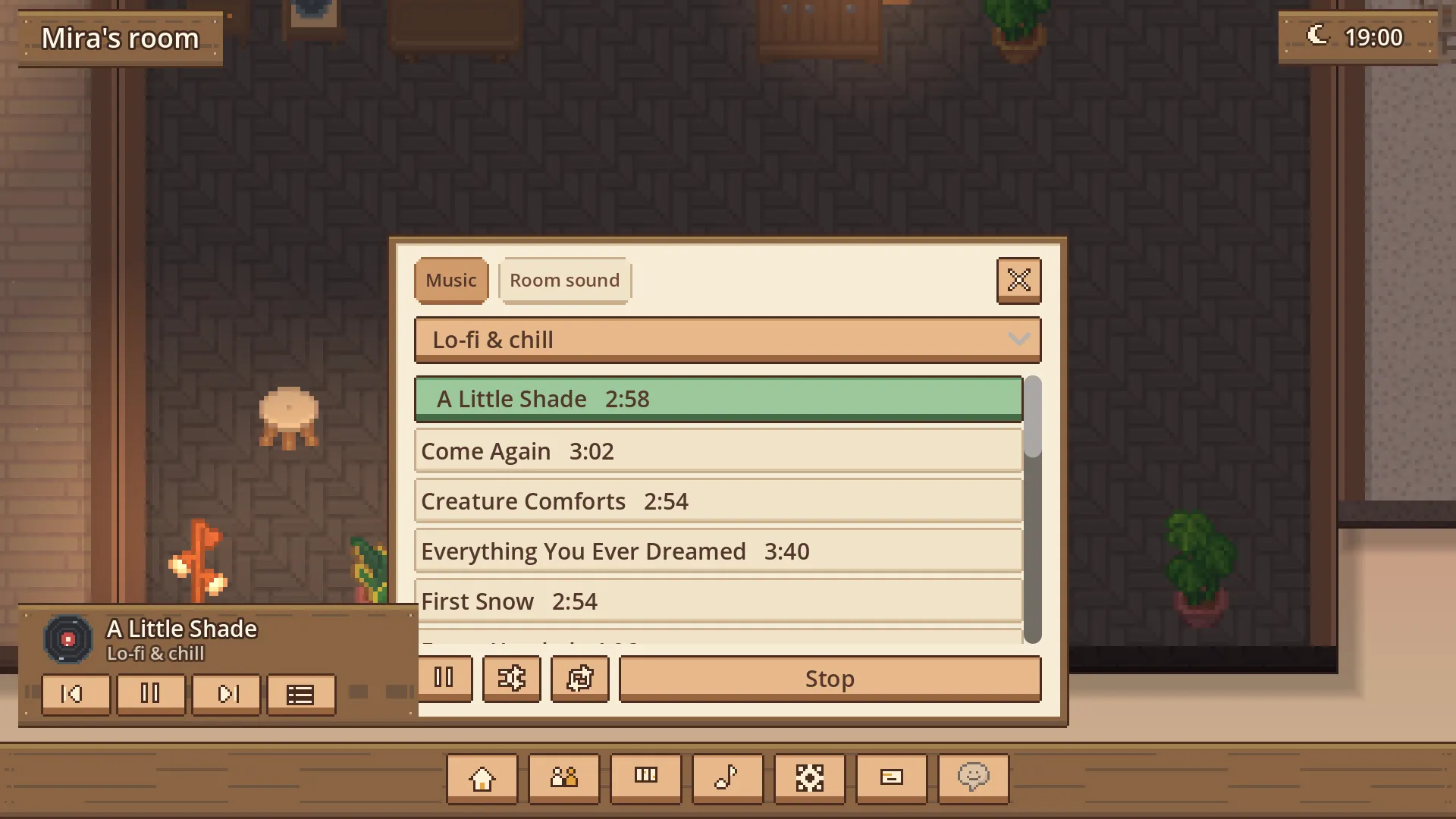 The music window open in a room, with a list of lofi songs and a mini player