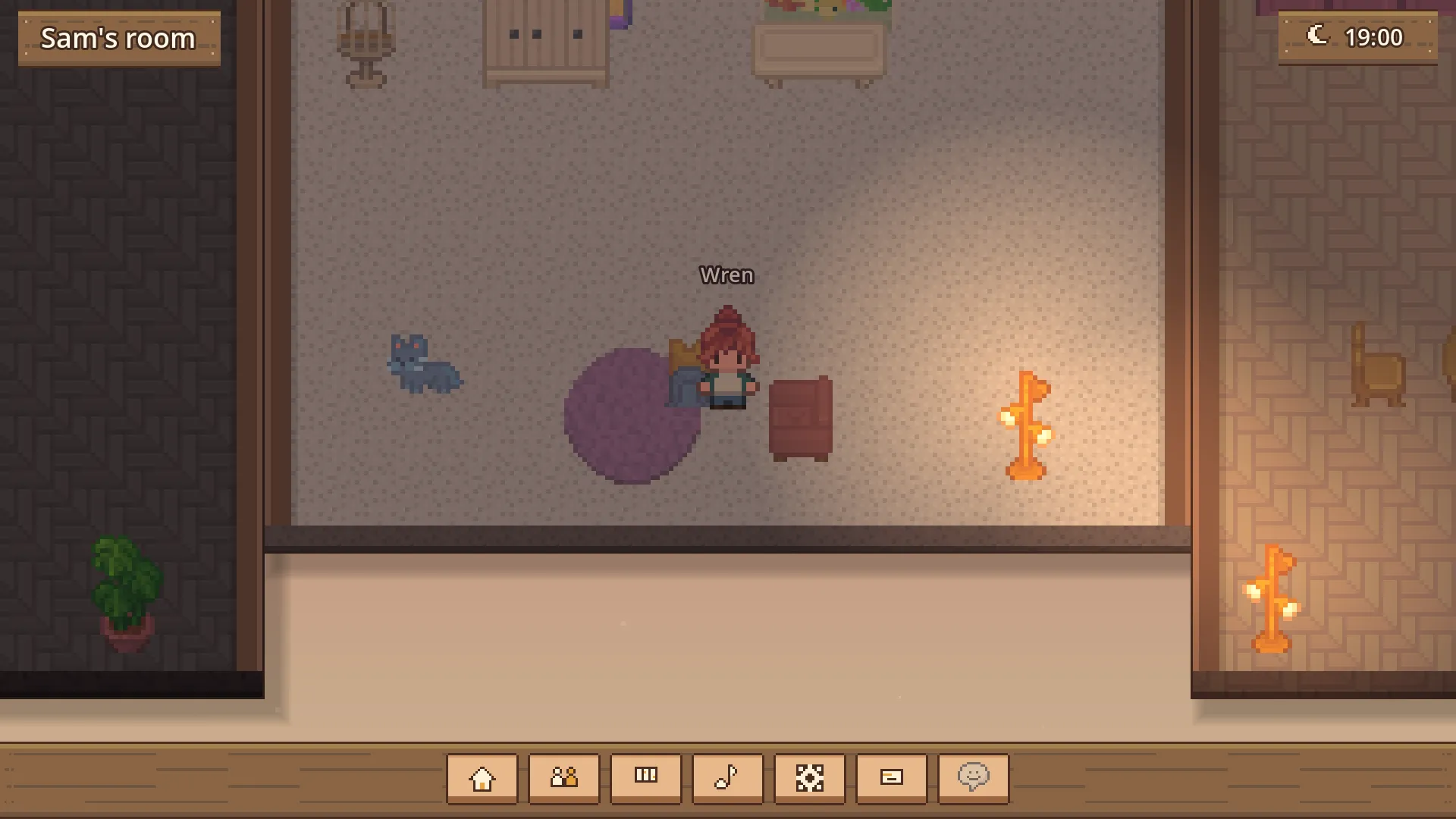 A room with a cat, a yorkie, a bird cage and a round rug