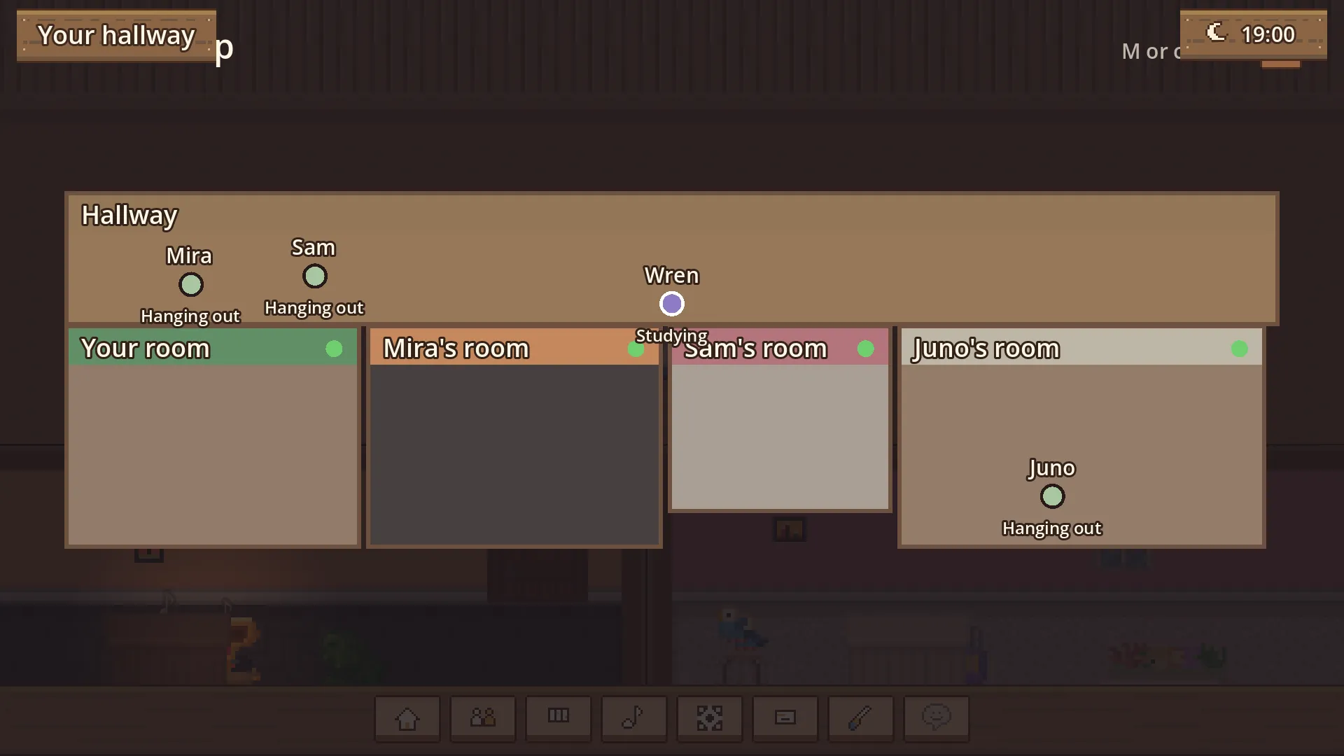 The house map showing everyone's rooms and where each friend is
